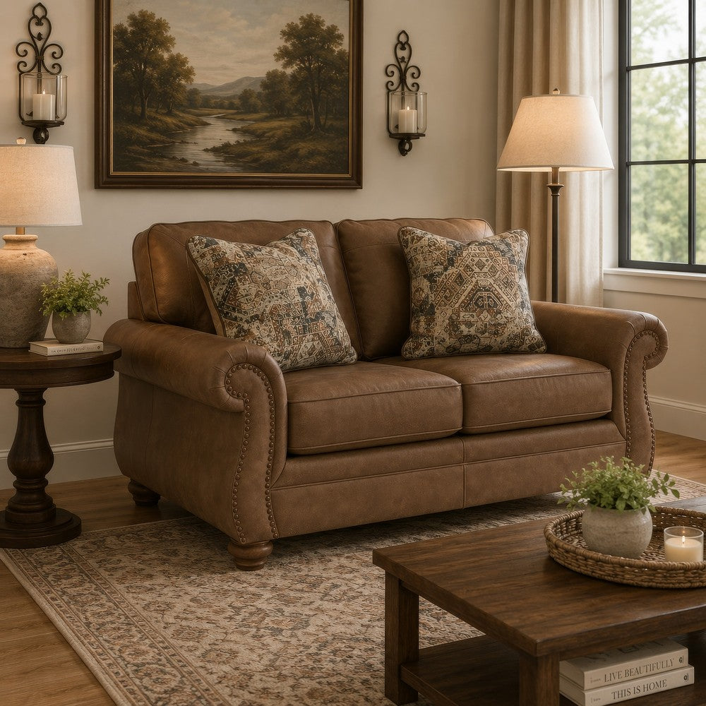 Cyrus Loveseat with 2 Throw Pillows, Earthy Brown Faux Leather, 68"