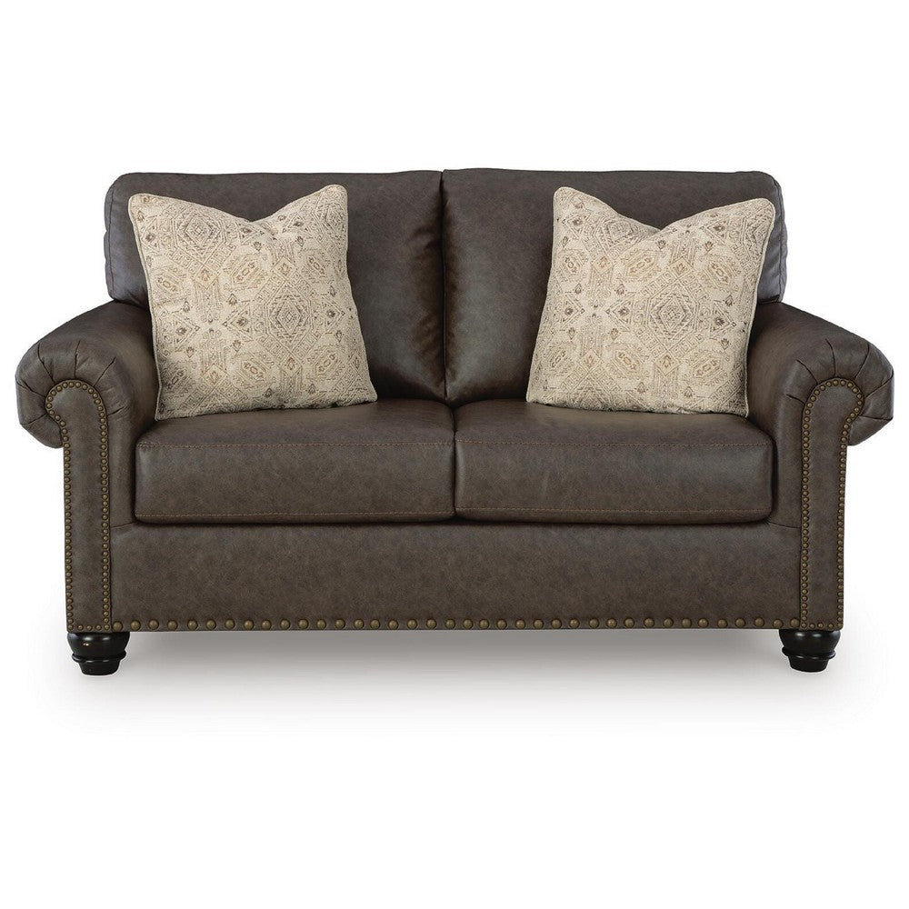Fecy Loveseat with 2 Throw Pillows, Umber Brown Faux Leather, 72"
