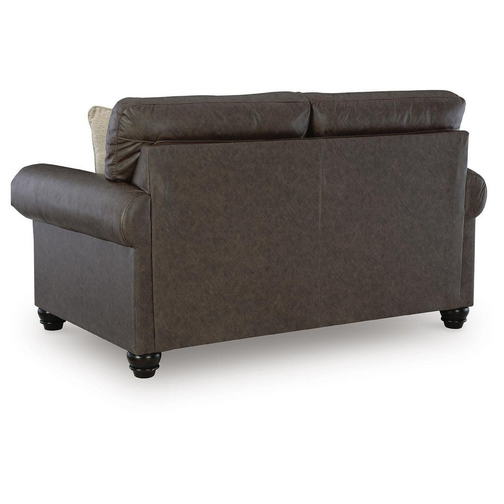 Fecy Loveseat with 2 Throw Pillows, Umber Brown Faux Leather, 72"