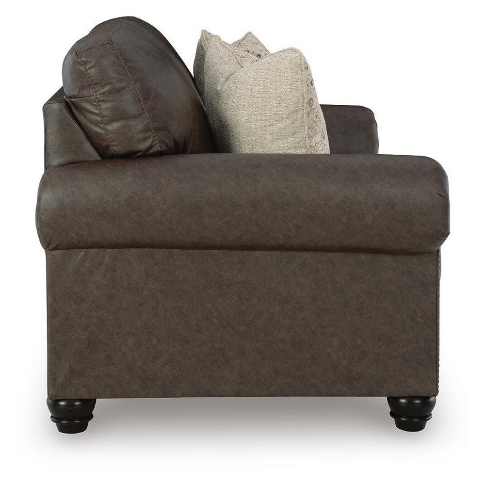 Fecy Loveseat with 2 Throw Pillows, Umber Brown Faux Leather, 72"