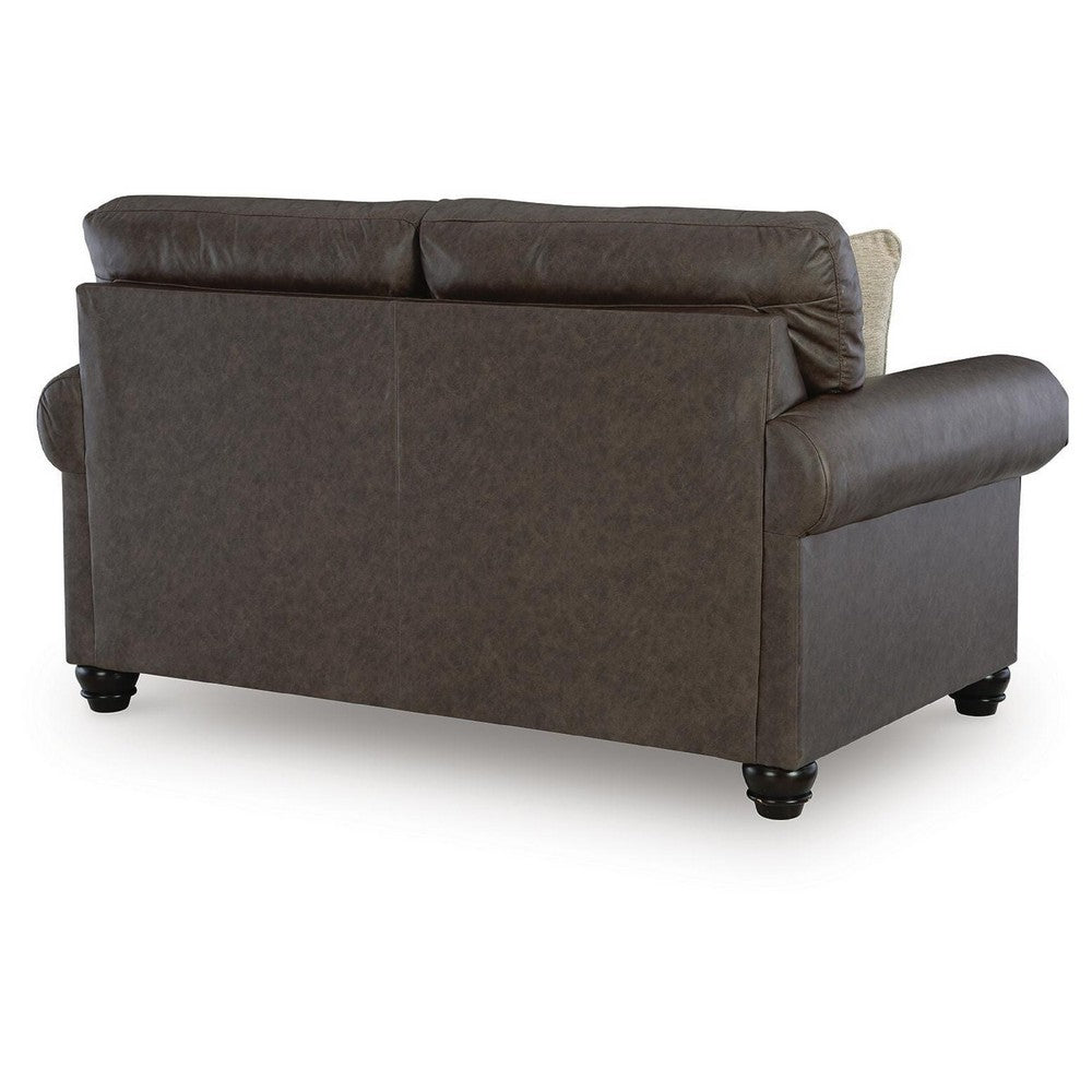 Fecy Loveseat with 2 Throw Pillows, Umber Brown Faux Leather, 72"