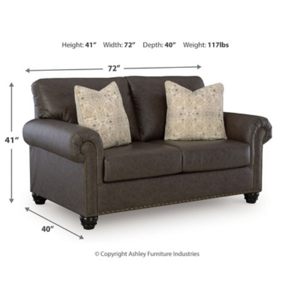 Fecy Loveseat with 2 Throw Pillows, Umber Brown Faux Leather, 72"