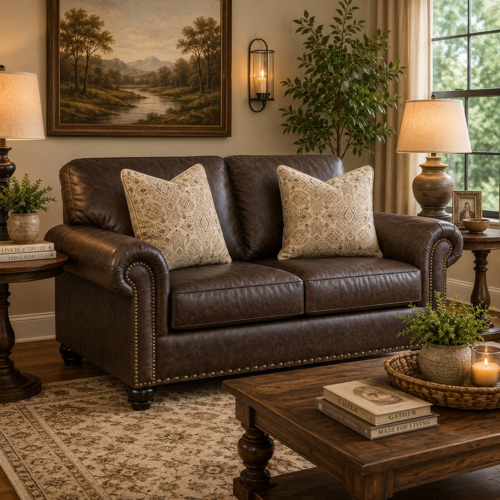 Fecy Loveseat with 2 Throw Pillows, Umber Brown Faux Leather, 72"