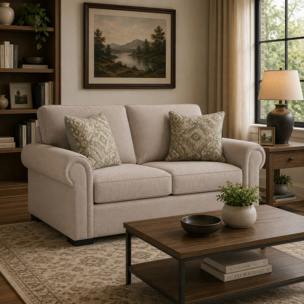 Mecy Loveseat with 2 Pillows, Roll Arms, Heather Gray Chenille, 75"