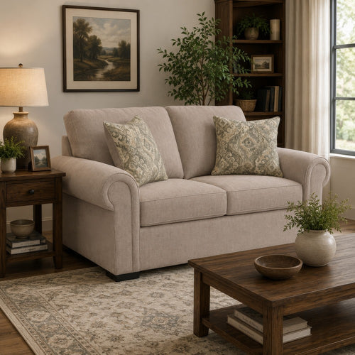 Mecy Loveseat with 2 Pillows, Roll Arms, Heather Gray Chenille, 75"