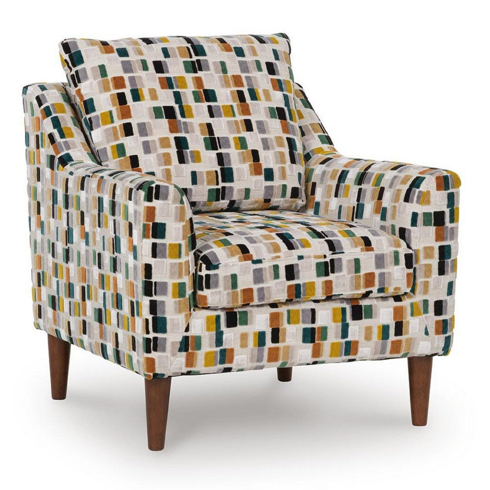 Kena Accent Chair, Shelter Arms, Multicolor Block Pattern, Brown Legs