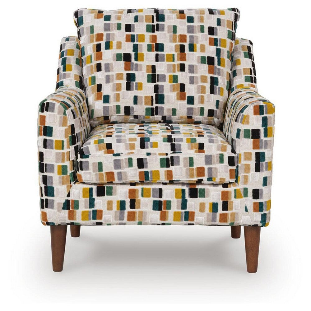 Kena Accent Chair, Shelter Arms, Multicolor Block Pattern, Brown Legs
