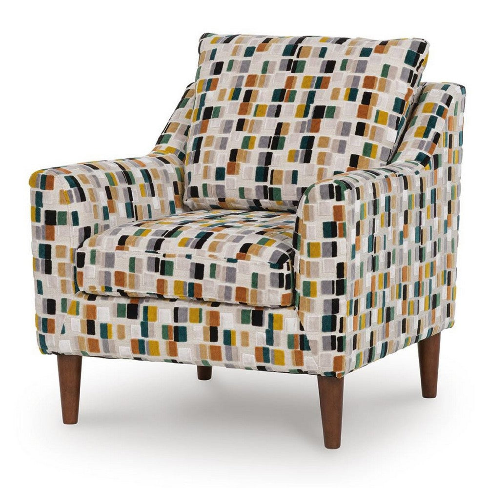 Kena Accent Chair, Shelter Arms, Multicolor Block Pattern, Brown Legs