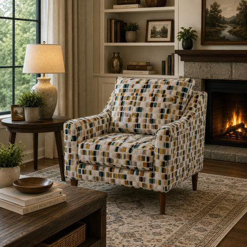 Kena Accent Chair, Shelter Arms, Multicolor Block Pattern, Brown Legs