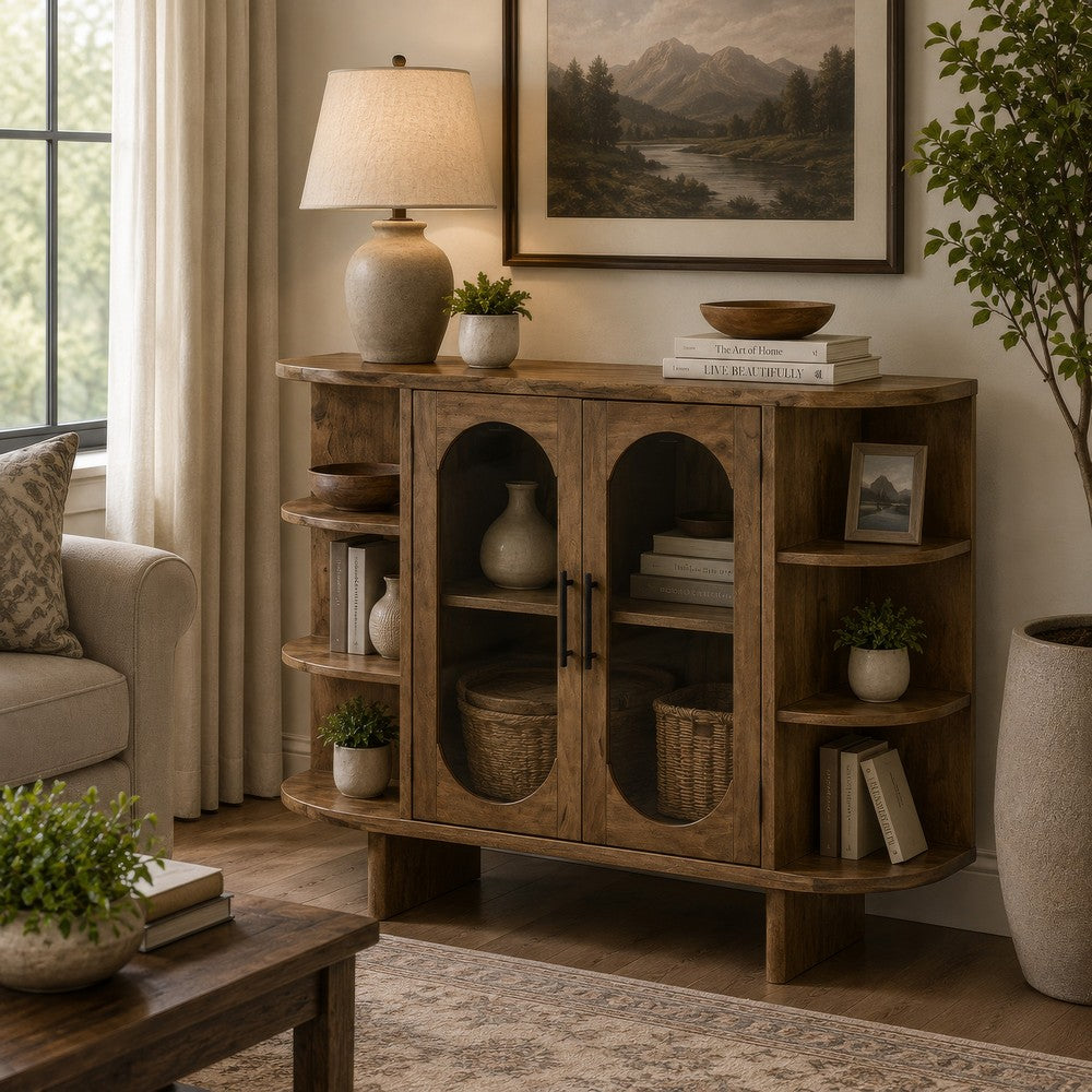 Nisa Accent Cabinet, 2 Glass Doors, Capsule Shelves, 40" Light Brown