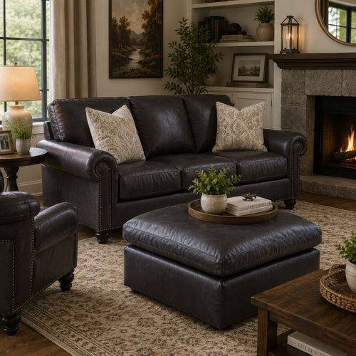 Emy Oversized Accent Ottoman | Black Top Grain Leather | 42"