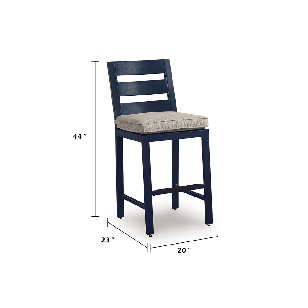 Eina Outdoor Barstool Chair Set of 2 | Navy Blue Aluminum | Beige Cushion