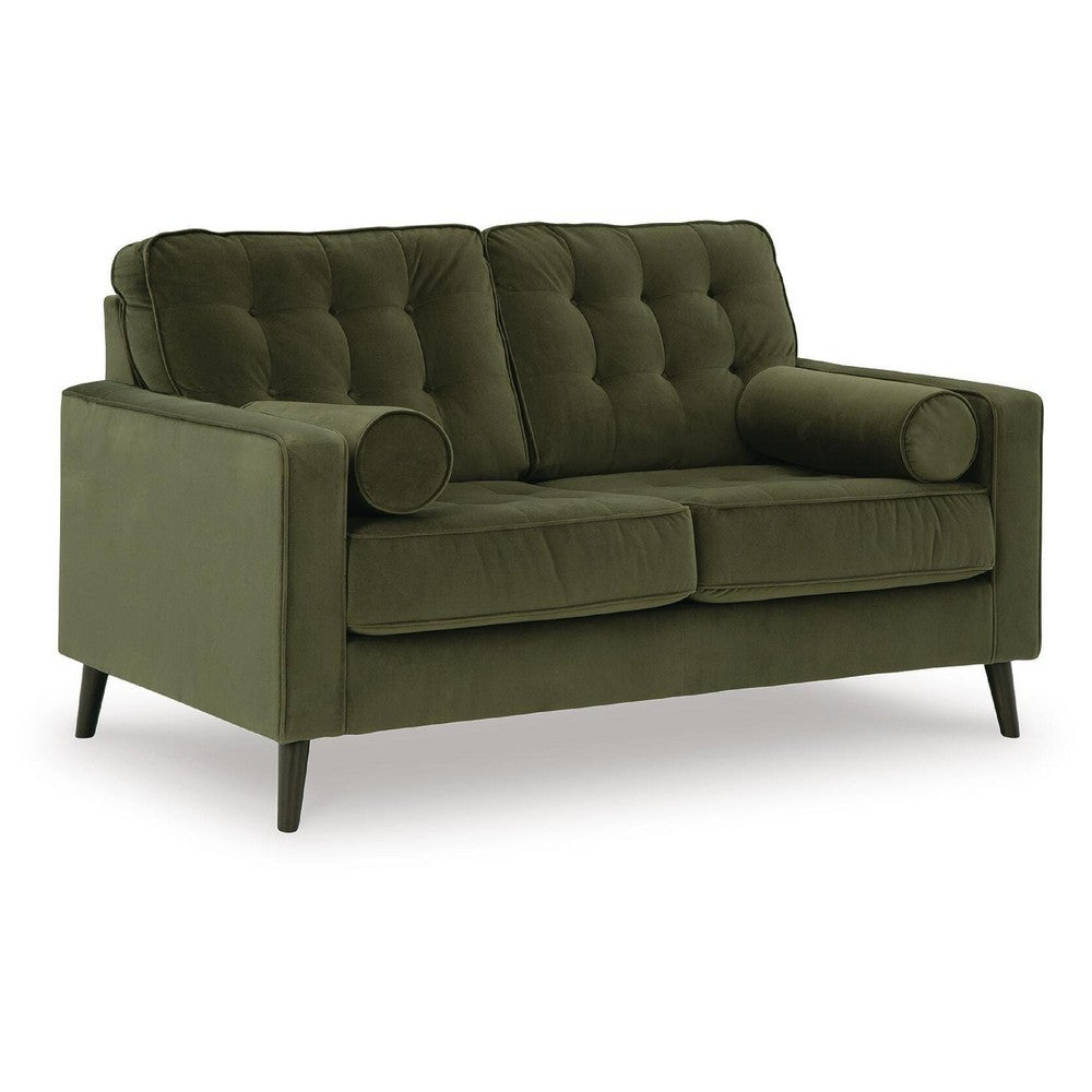 Pir Loveseat with 2 Bolster Pillows, Tufted Back, Olive Green Velvet, 61"