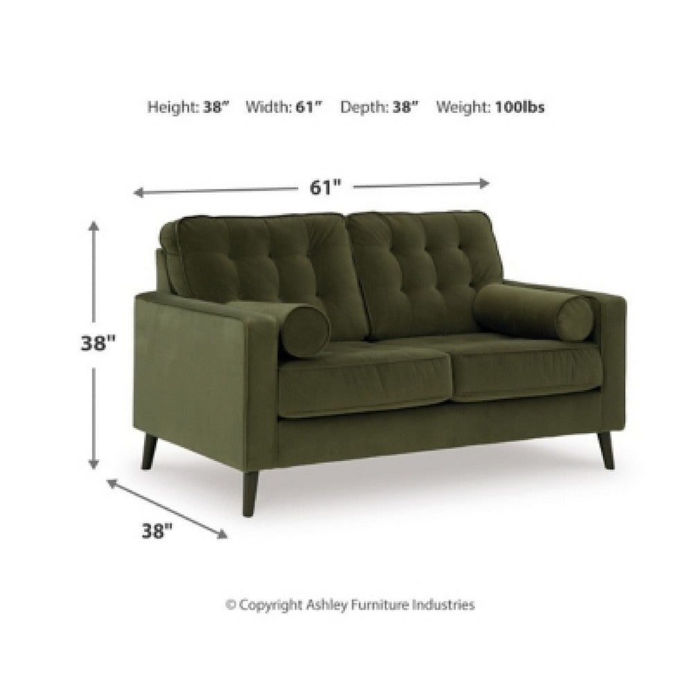 Pir Loveseat with 2 Bolster Pillows, Tufted Back, Olive Green Velvet, 61"