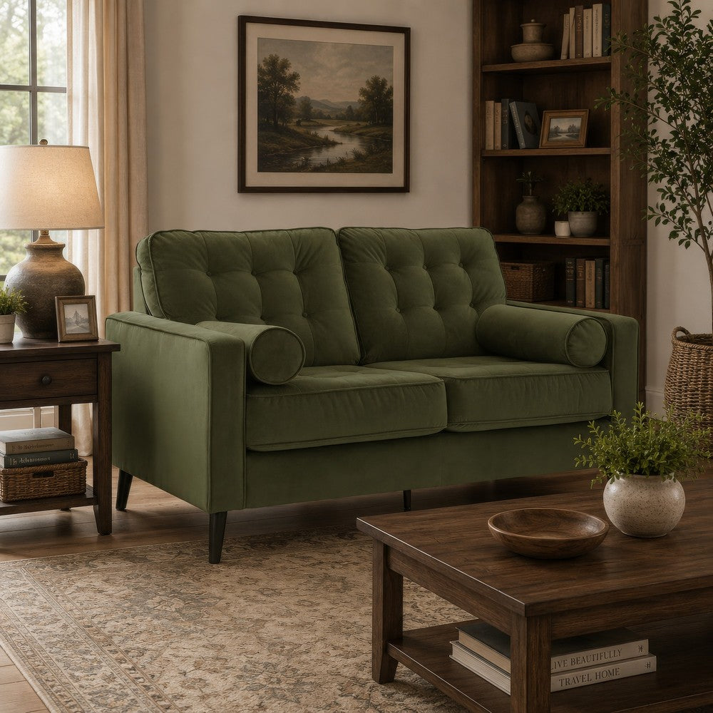 Pir Loveseat with 2 Bolster Pillows, Tufted Back, Olive Green Velvet, 61"