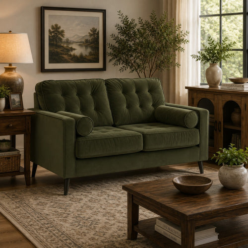 Pir Loveseat with 2 Bolster Pillows, Tufted Back, Olive Green Velvet, 61"