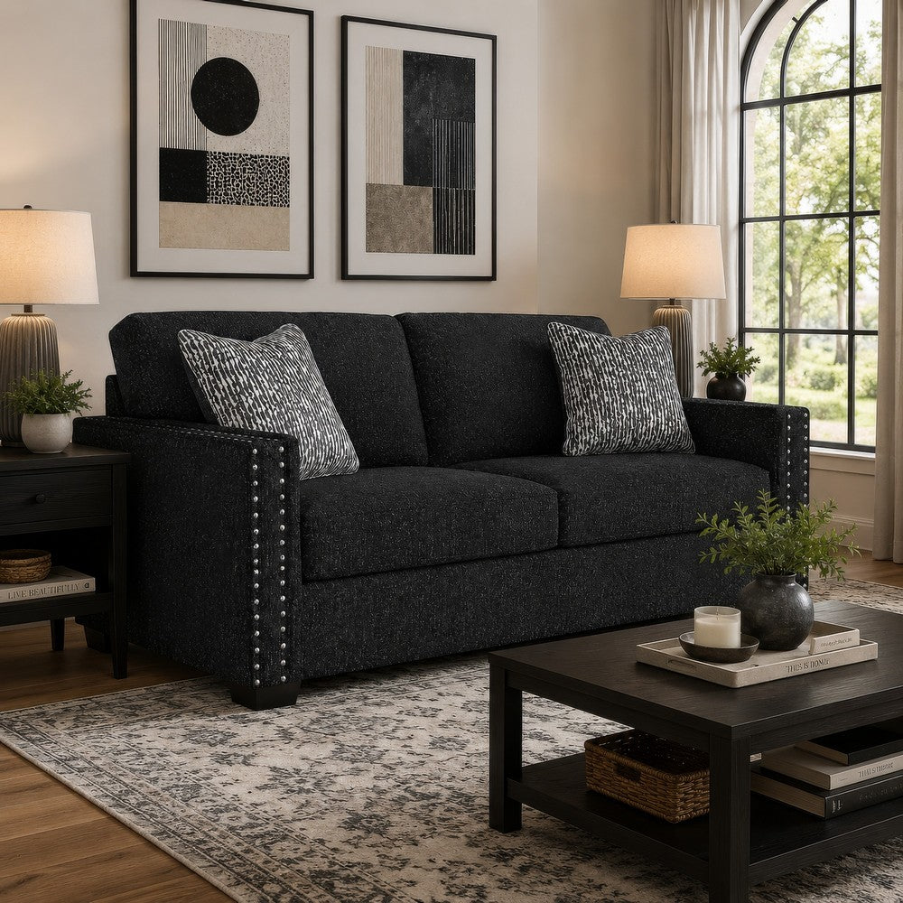 Jez Sofa, 2 Pillows, LED Lights, Coal Black Polyester, 83"