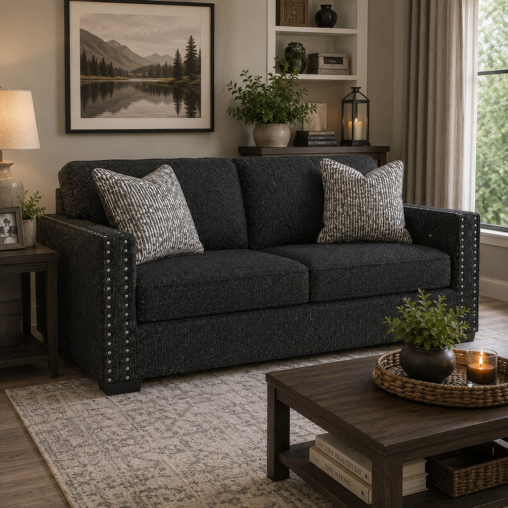 Jez Sofa, 2 Pillows, LED Lights, Coal Black Polyester, 83"