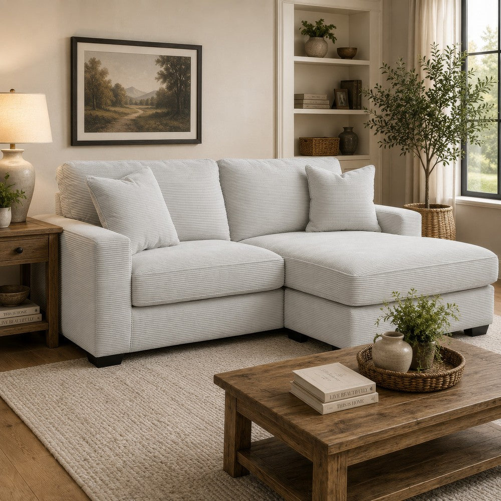 Gesi Sofa with L Arm Chaise, 2 Pillows, Light Gray Upholstery, 85"