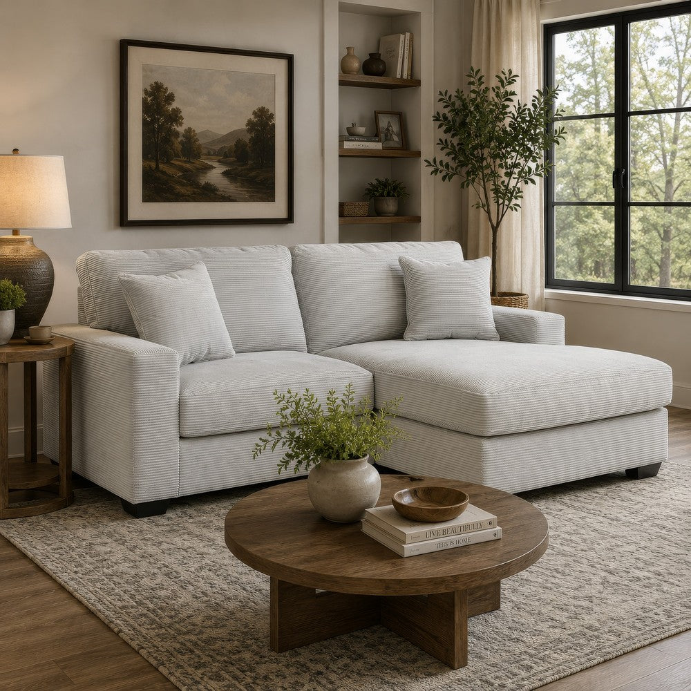 Gesi Sofa with L Arm Chaise, 2 Pillows, Light Gray Upholstery, 85"