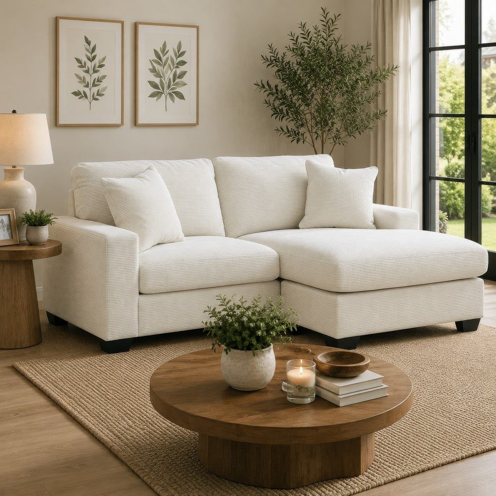 Gesi Sofa with L Arm Chaise, 2 Pillows, Plush Ivory Upholstery, 85"