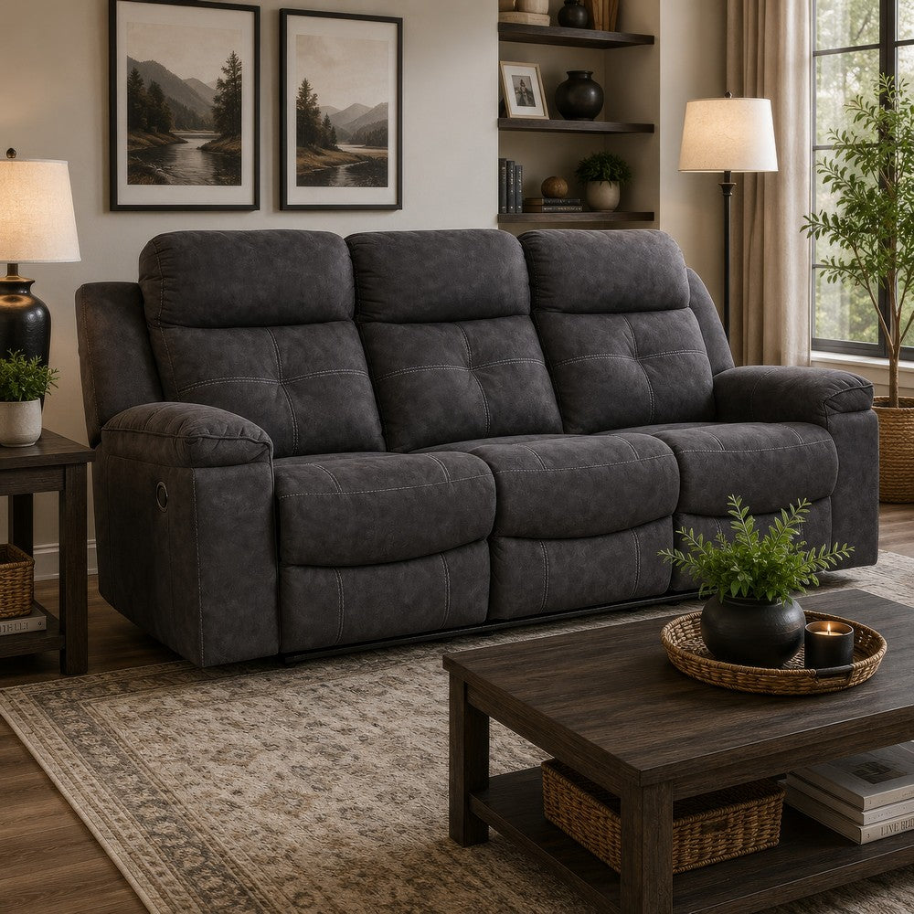 Beso Pull Tab Reclining Sofa | Charcoal Gray Faux Leather | 87"