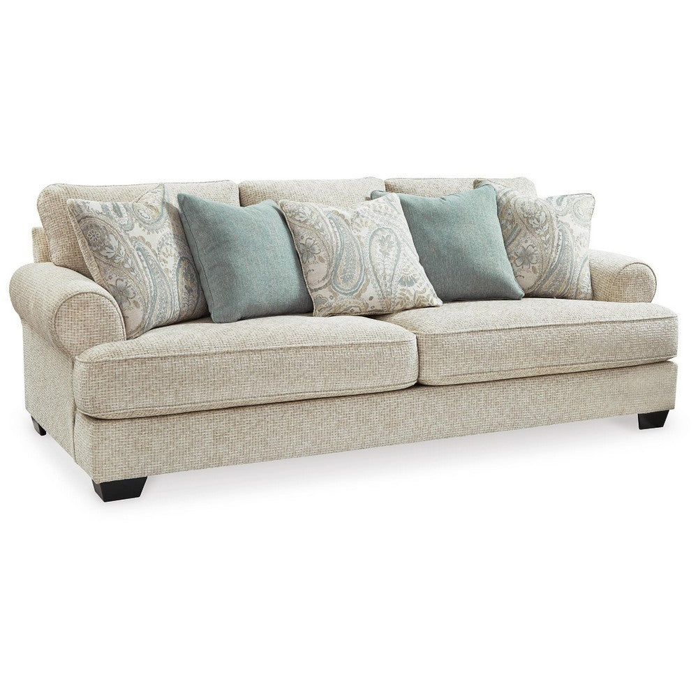Monie Sofa with Rolled Arms | 5 Accent Pillows Set | Sandstone Chenille 98"