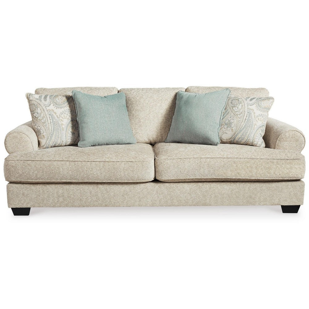 Monie Sofa with Rolled Arms | 5 Accent Pillows Set | Sandstone Chenille 98"