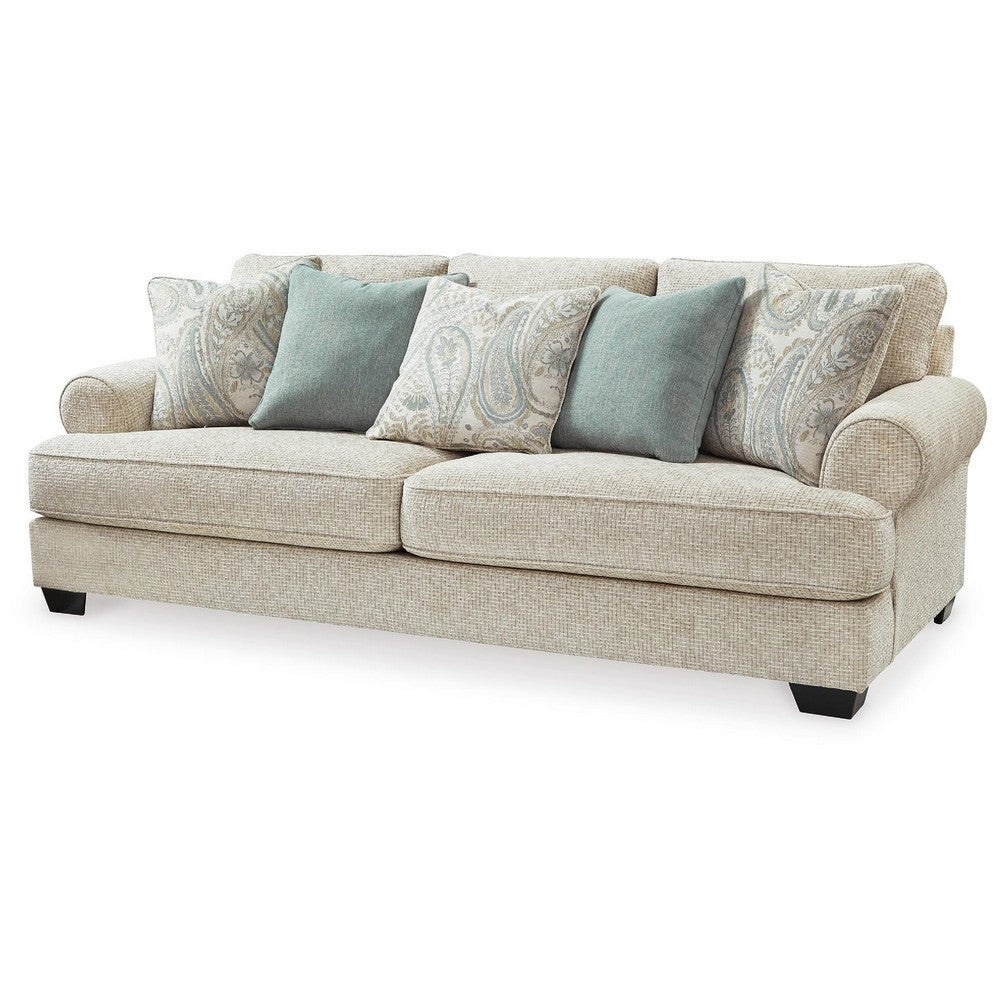 Monie Sofa with Rolled Arms | 5 Accent Pillows Set | Sandstone Chenille 98"