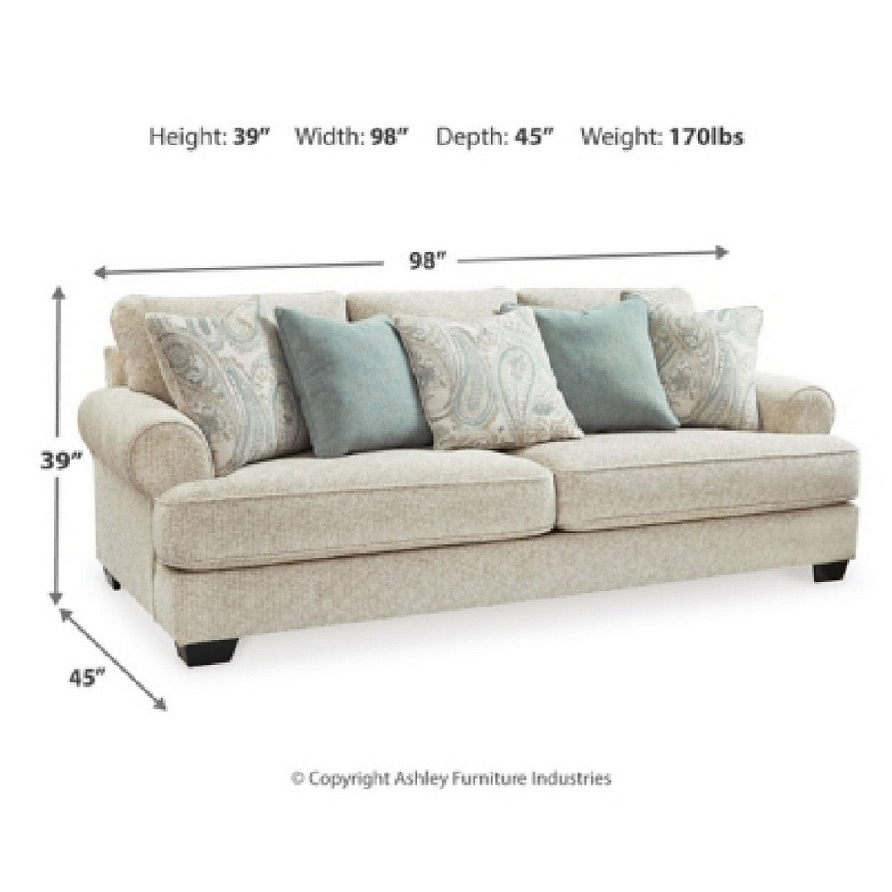 Monie Sofa with Rolled Arms | 5 Accent Pillows Set | Sandstone Chenille 98"