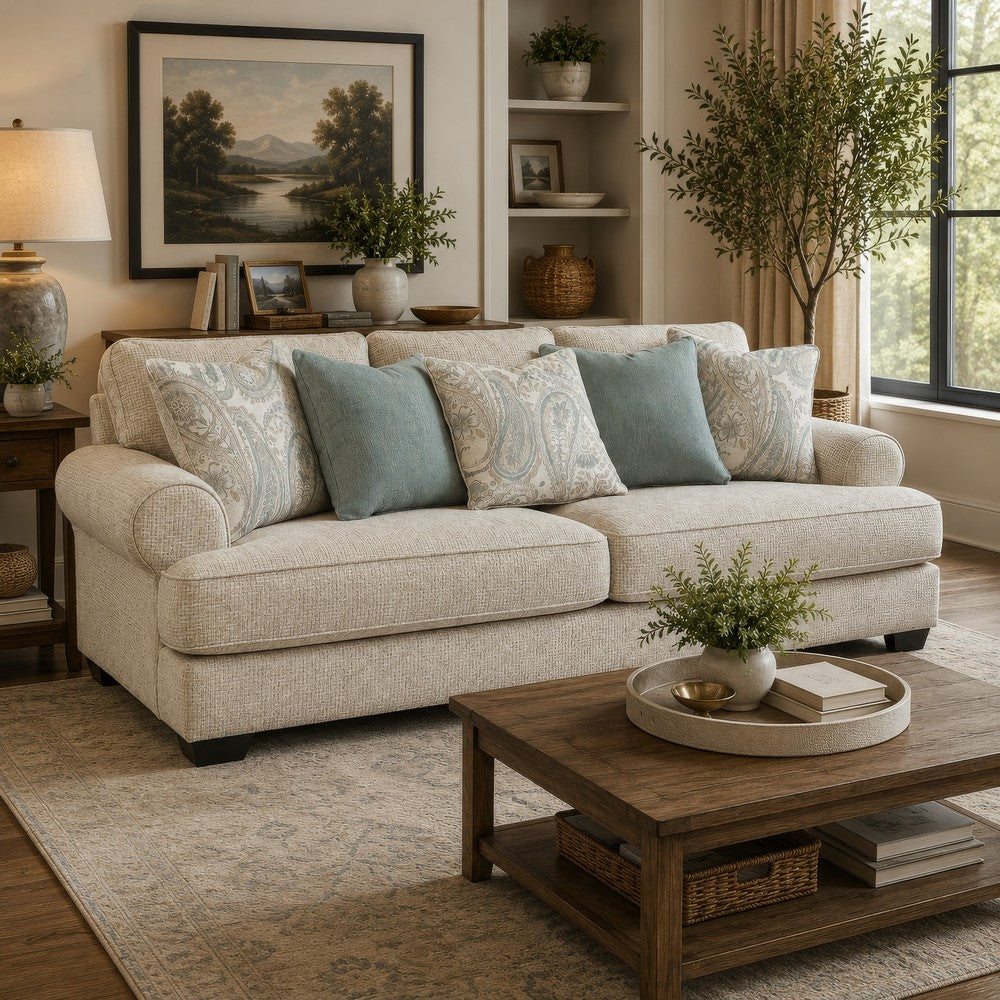 Monie Sofa with Rolled Arms | 5 Accent Pillows Set | Sandstone Chenille 98"