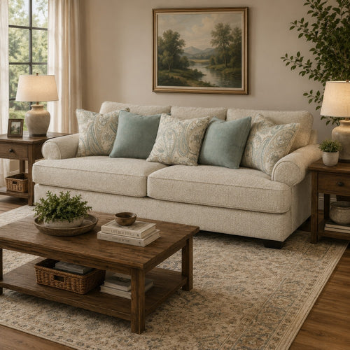 Monie Sofa with Rolled Arms | 5 Accent Pillows Set | Sandstone Chenille 98"