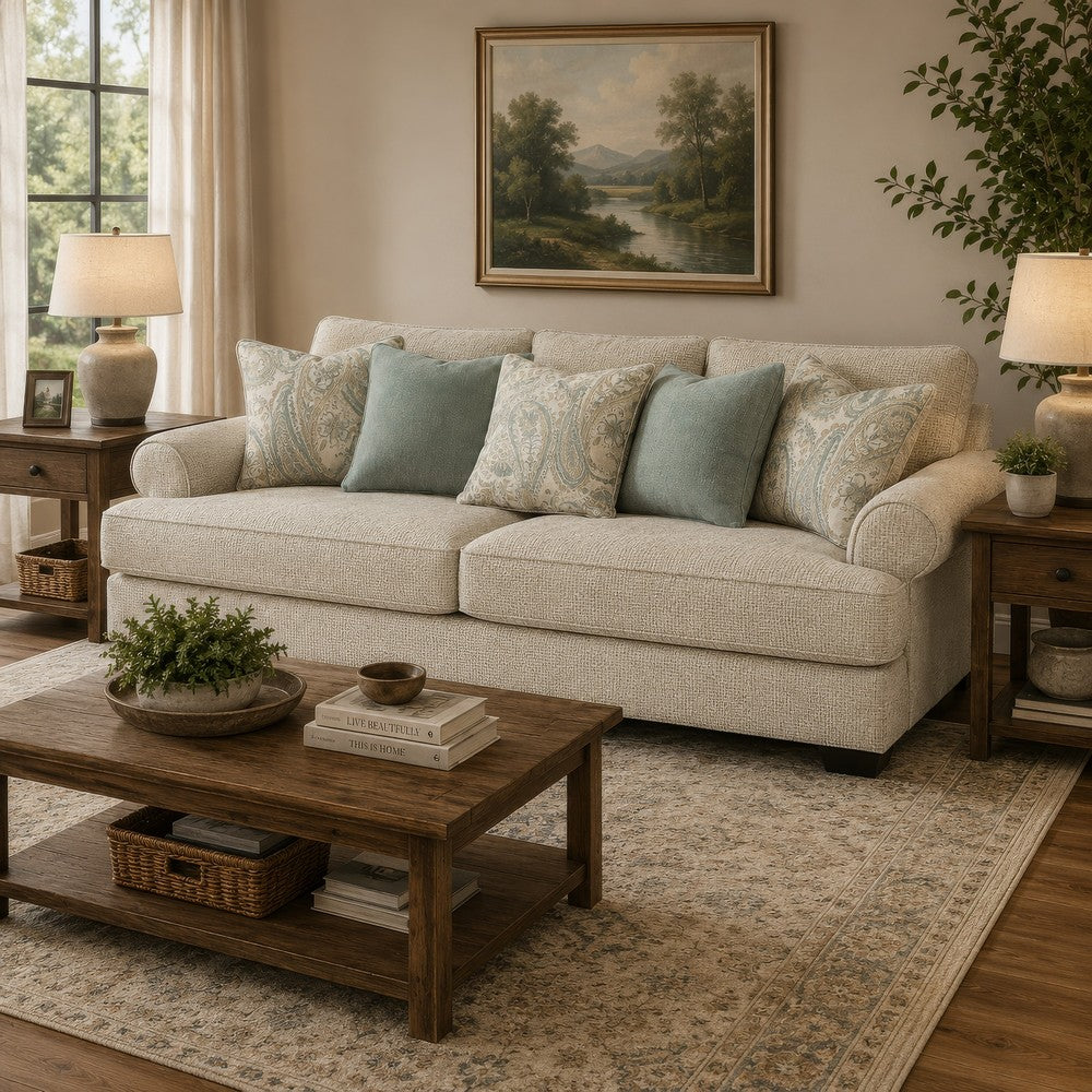 Monie Sofa with Rolled Arms | 5 Accent Pillows Set | Sandstone Chenille 98"