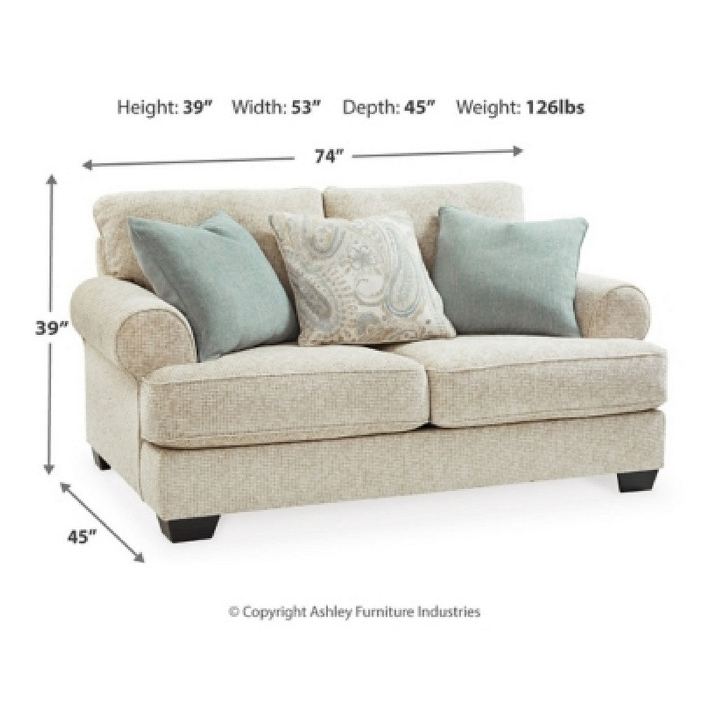 Monie Loveseat with Rolled Arms | 3 Accent Pillows | Sandstone Chenille 74"