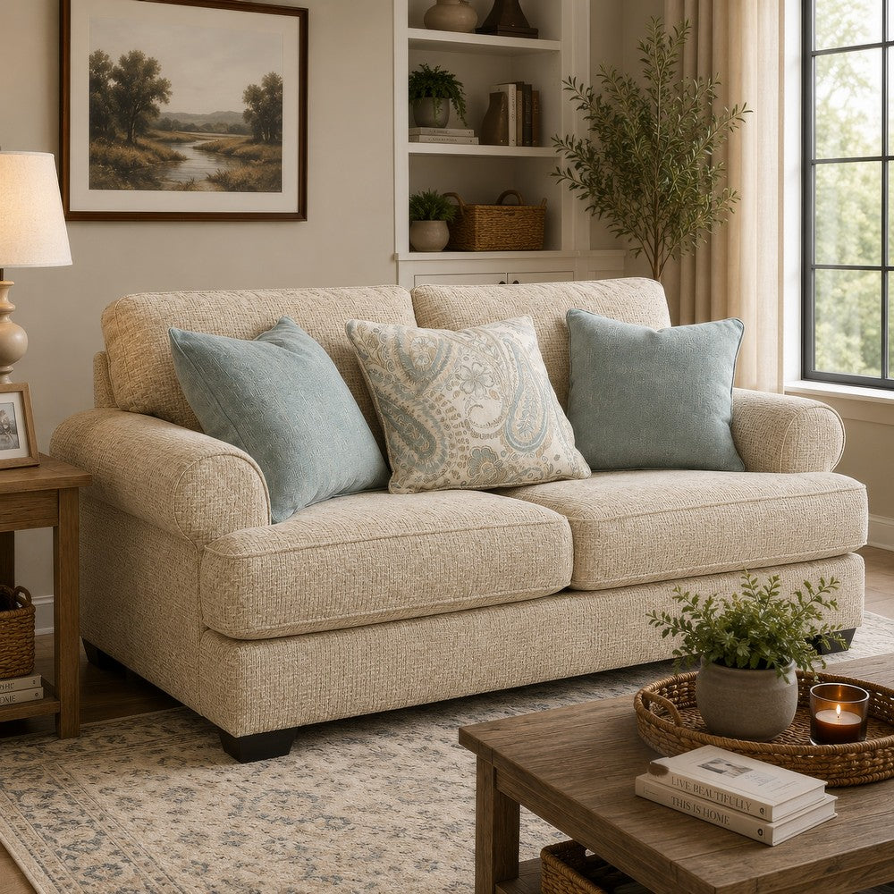 Monie Loveseat with Rolled Arms | 3 Accent Pillows | Sandstone Chenille 74"