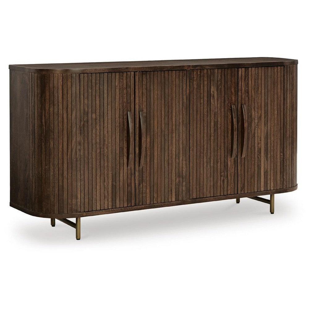 Micky 68" Accent Cabinet with 4 Fluted Doors | Brown Solid Mango Wood | Gold Legs