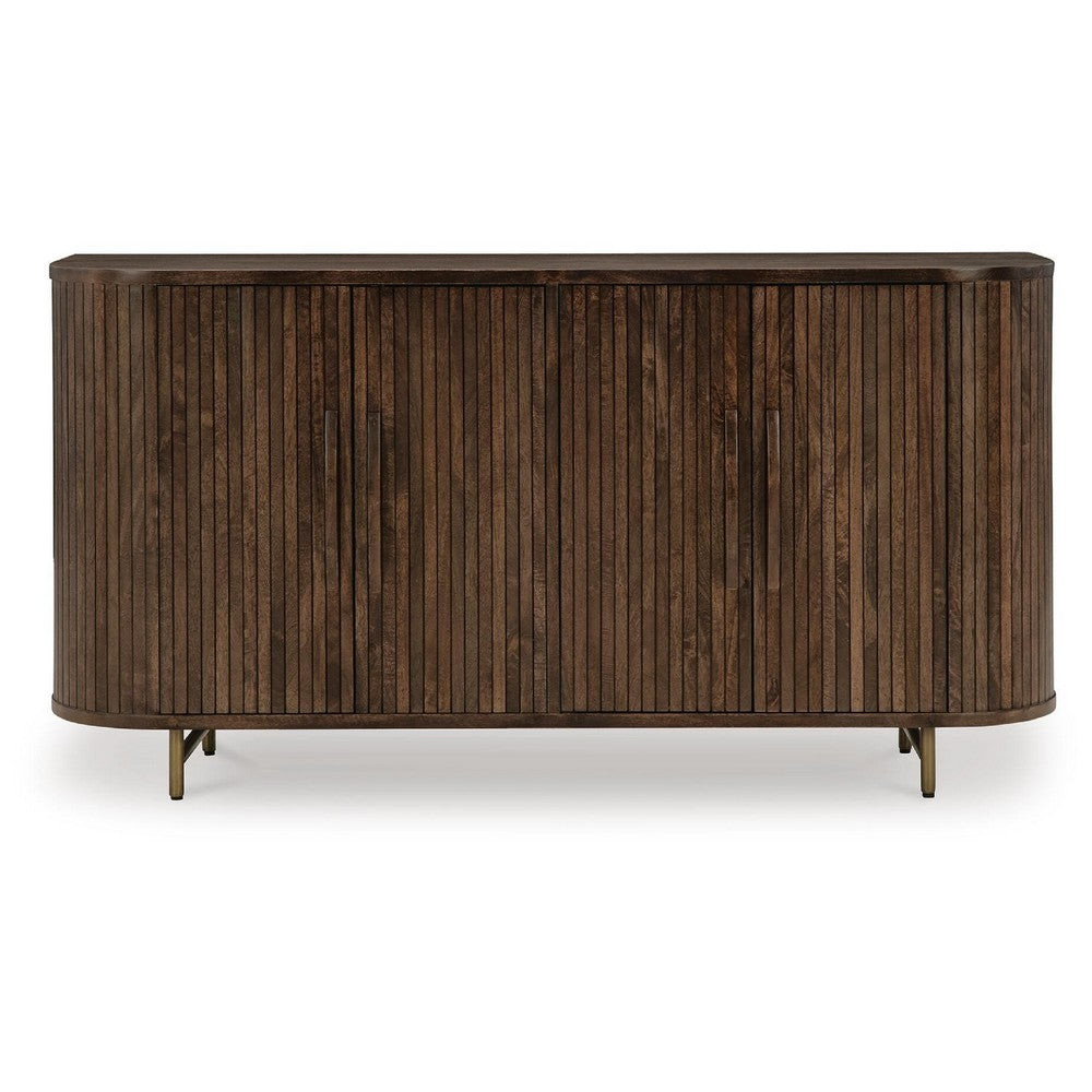 Micky 68" Accent Cabinet with 4 Fluted Doors | Brown Solid Mango Wood | Gold Legs