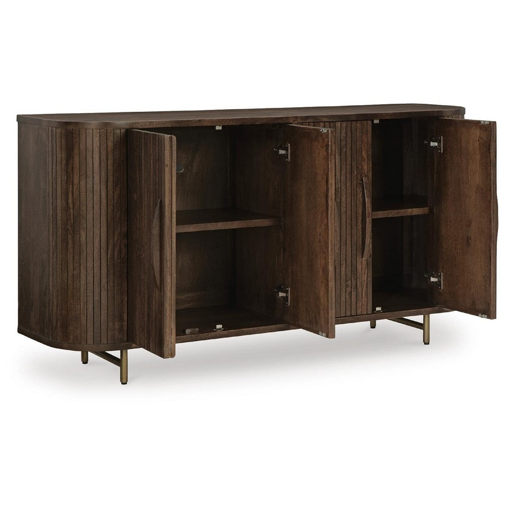 Micky 68" Accent Cabinet with 4 Fluted Doors | Brown Solid Mango Wood | Gold Legs