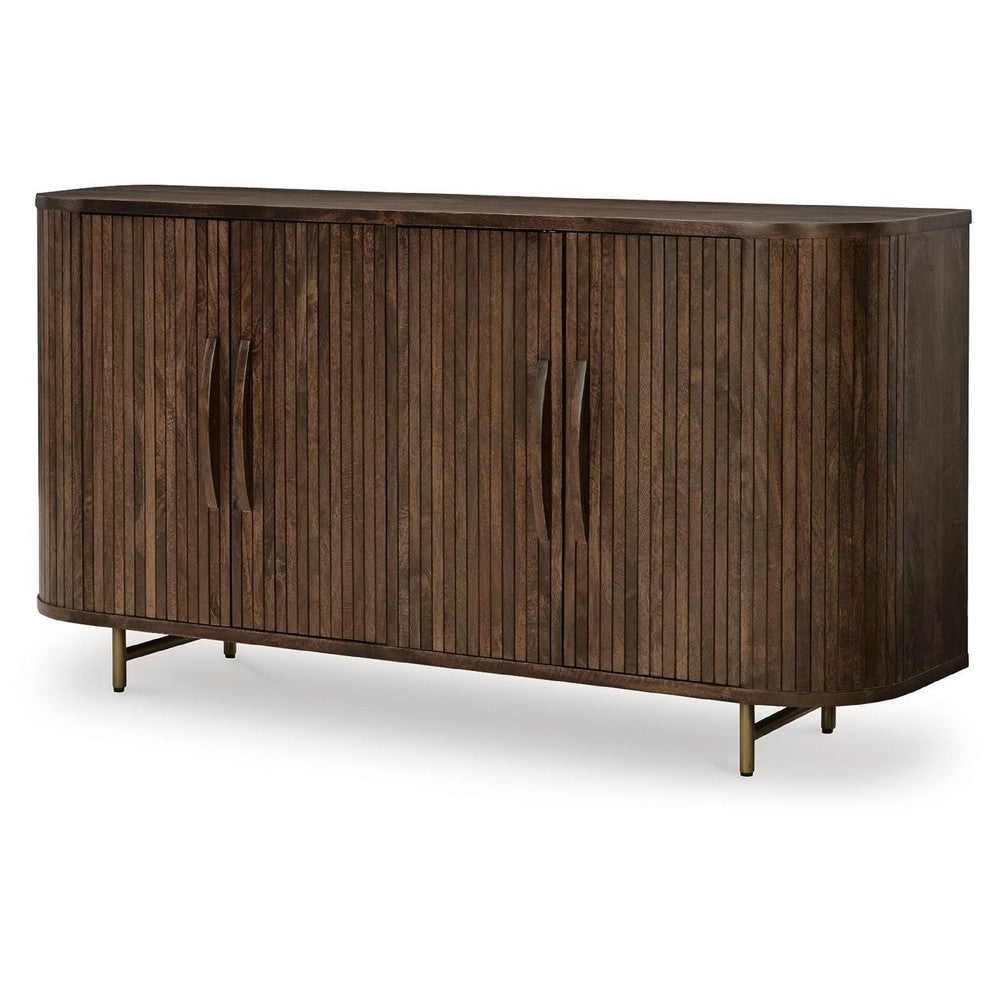 Micky 68" Accent Cabinet with 4 Fluted Doors | Brown Solid Mango Wood | Gold Legs