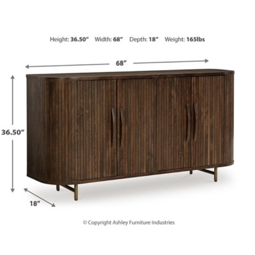 Micky 68" Accent Cabinet with 4 Fluted Doors | Brown Solid Mango Wood | Gold Legs