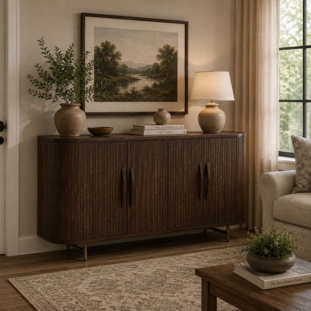 Micky 68" Accent Cabinet with 4 Fluted Doors | Brown Solid Mango Wood | Gold Legs
