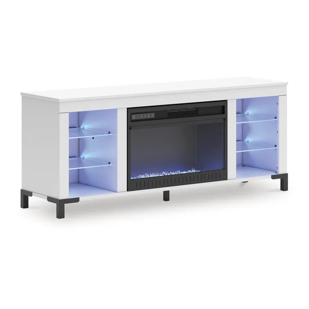 Levvy TV St& Media Console | Electric Fireplace | Storage | White Wood 60"