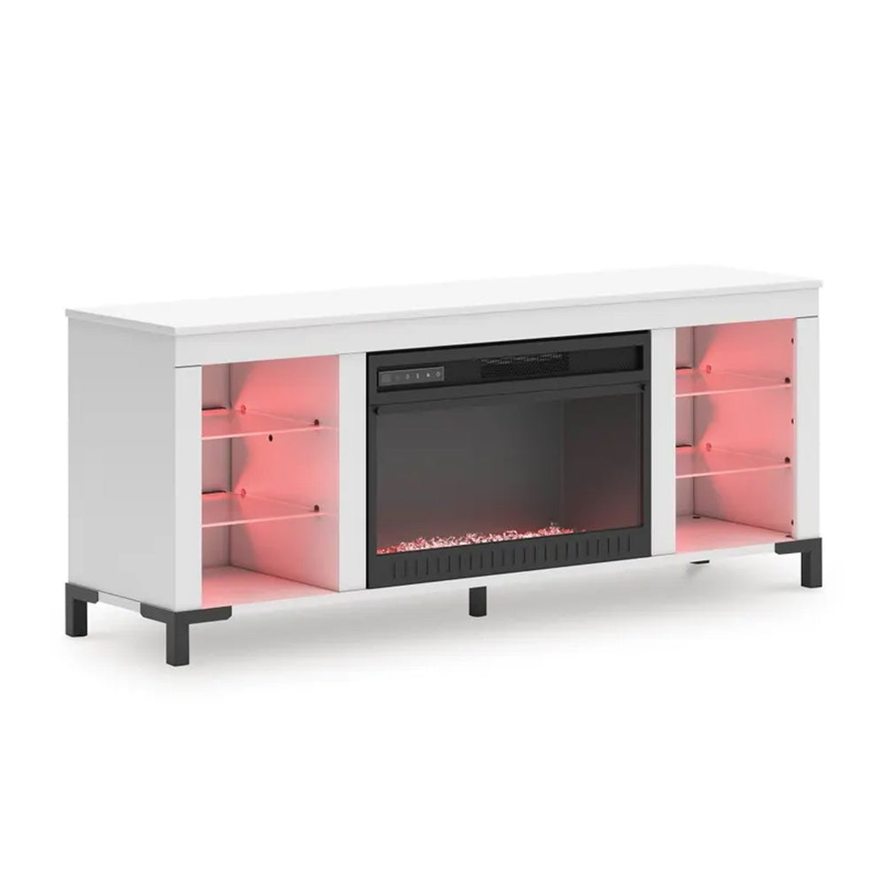 Levvy TV St& Media Console | Electric Fireplace | Storage | White Wood 60"