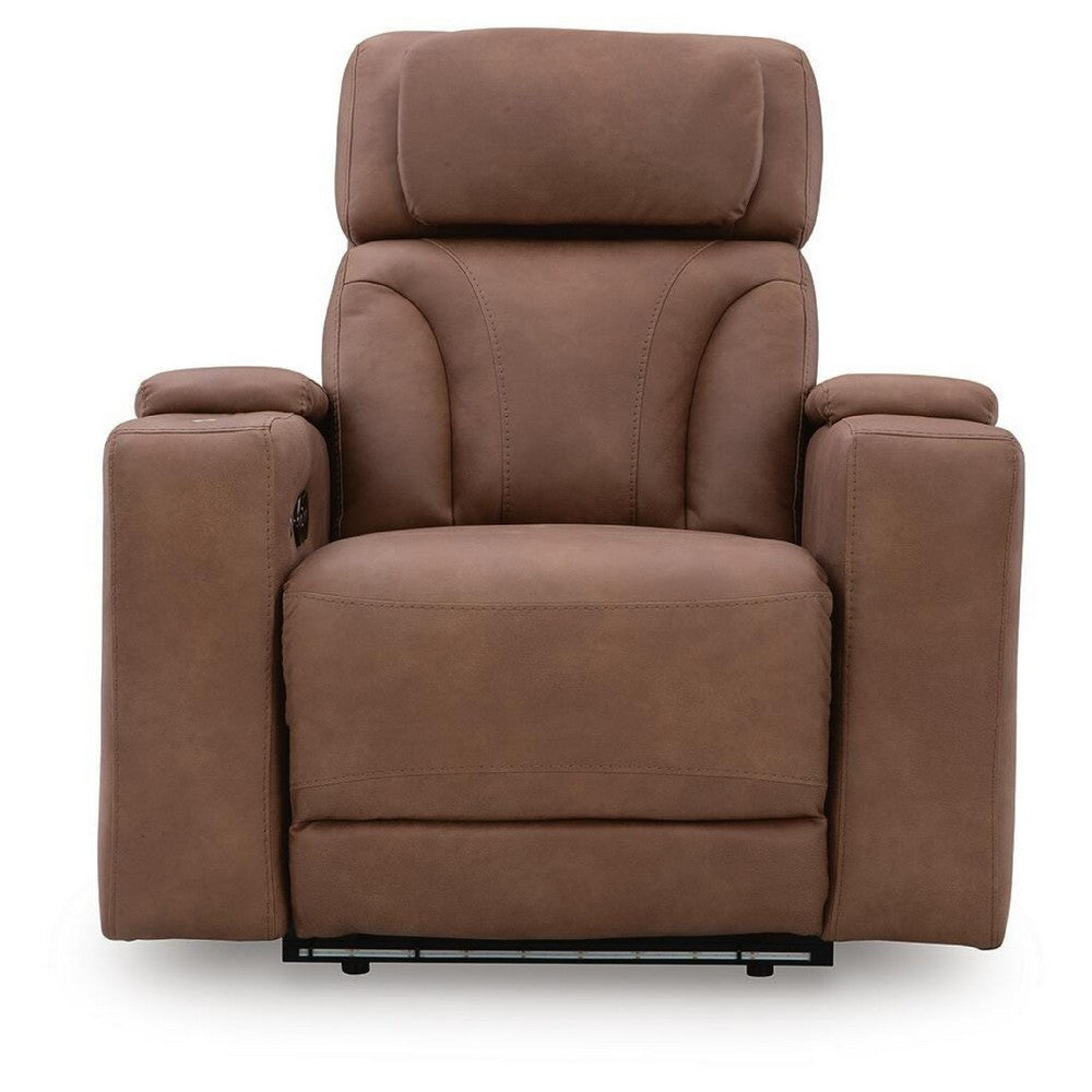 Syna Power Recliner Chair  with LED Lights and Storage | Caramel Brown Faux Leather