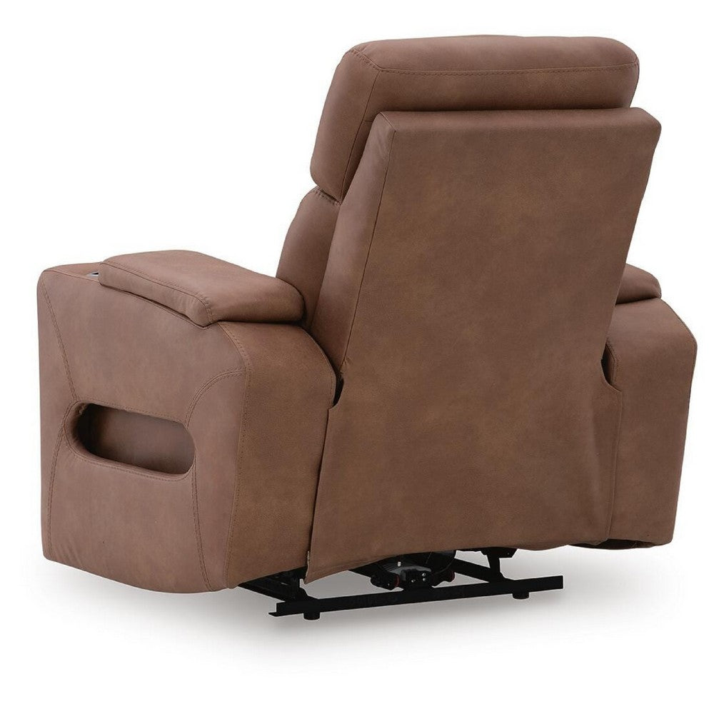Syna Power Recliner Chair  with LED Lights and Storage | Caramel Brown Faux Leather