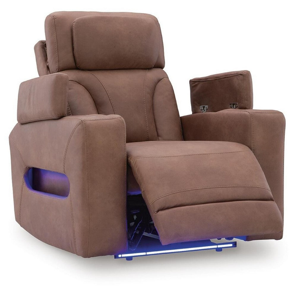 Syna Power Recliner Chair  with LED Lights and Storage | Caramel Brown Faux Leather
