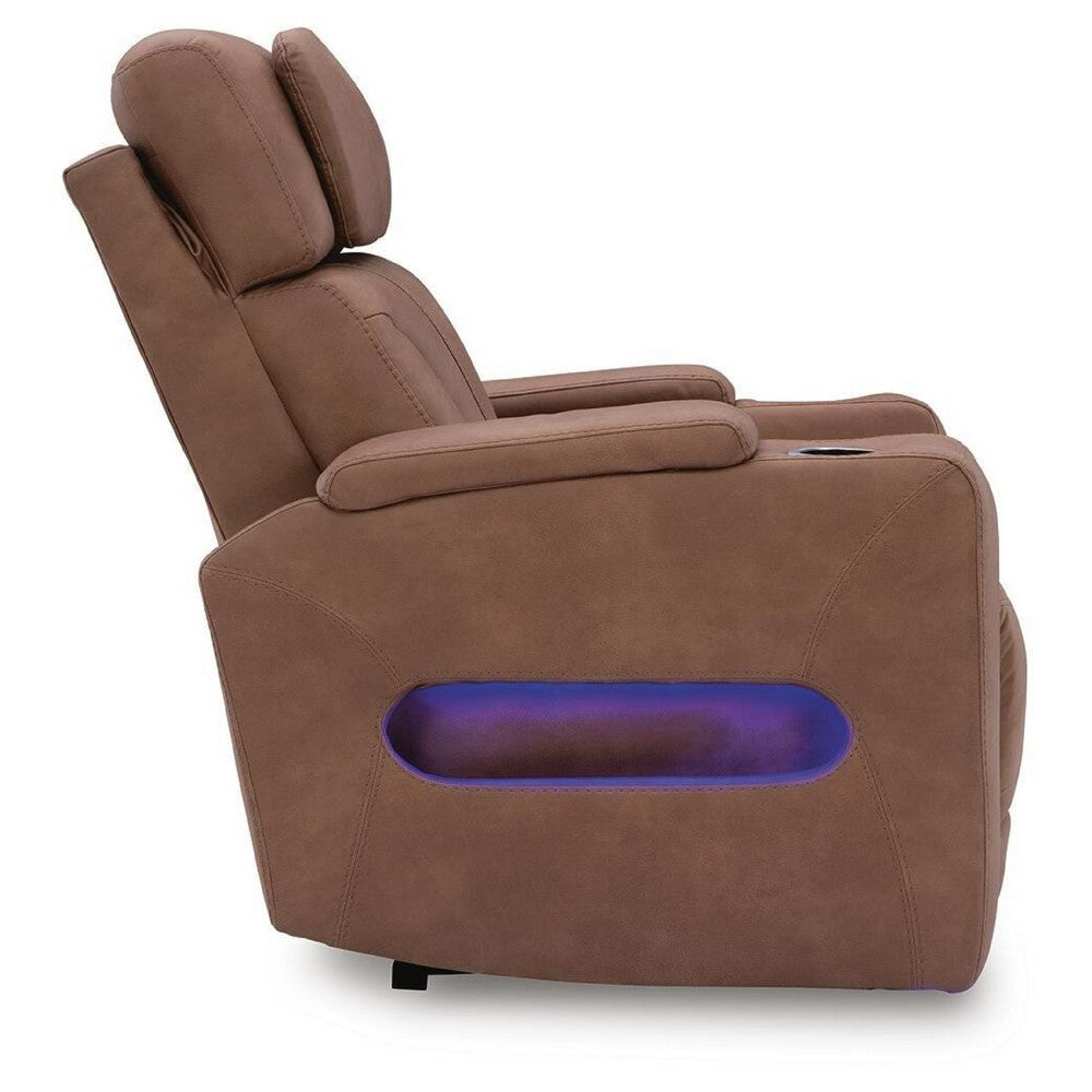 Syna Power Recliner Chair  with LED Lights and Storage | Caramel Brown Faux Leather