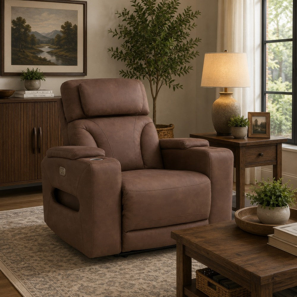 Syna Power Recliner Chair  with LED Lights and Storage | Caramel Brown Faux Leather
