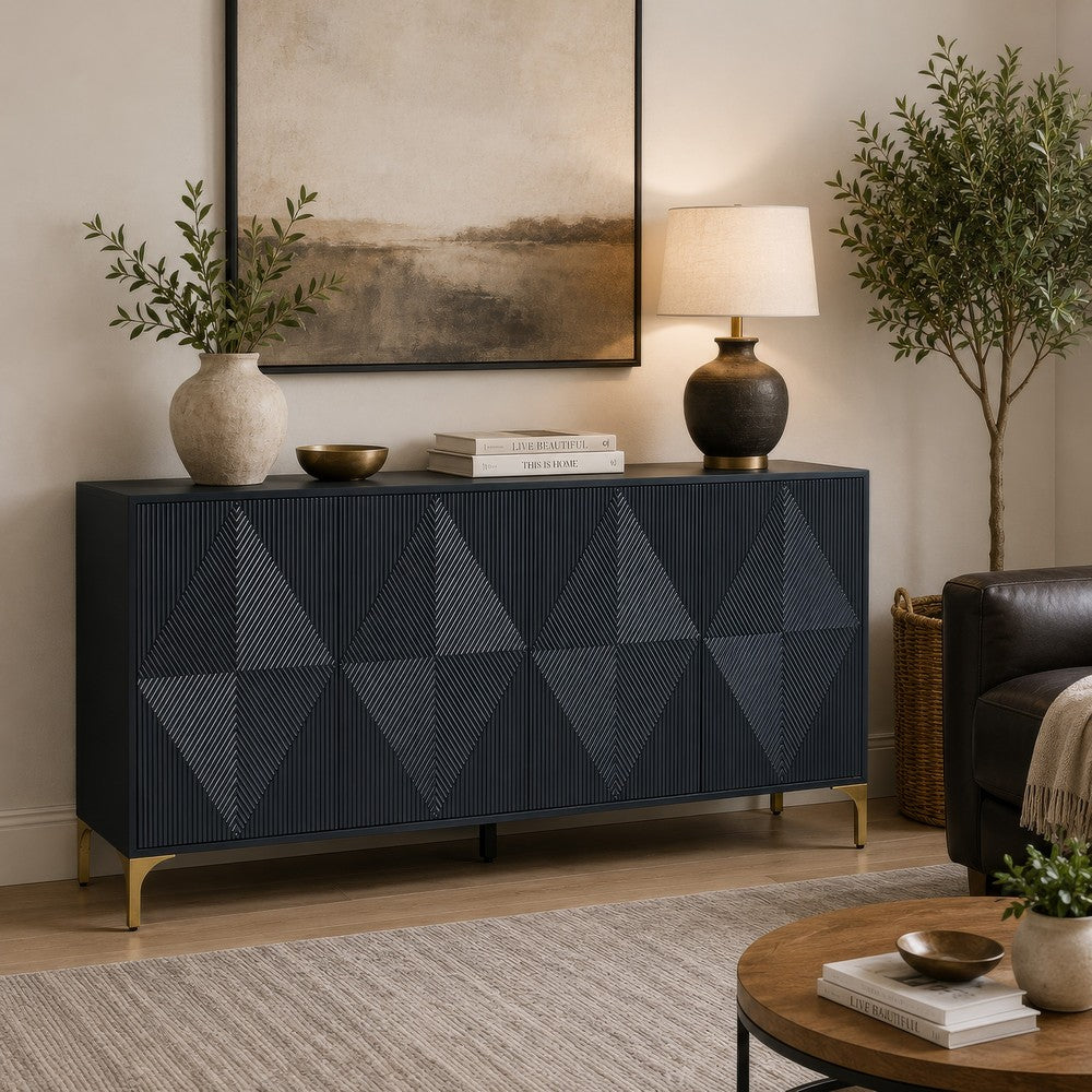 Bobby Accent Cabinet | Geometric Doors | Gold Metal Legs | Dark Blue Wood 72"
