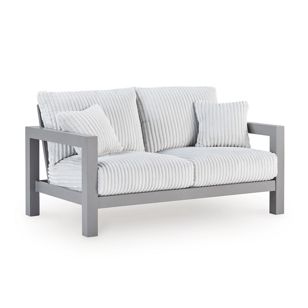 Jazzy Outdoor Loveseat with 2 Accent Pillows | Gray Aluminum Frame 62"